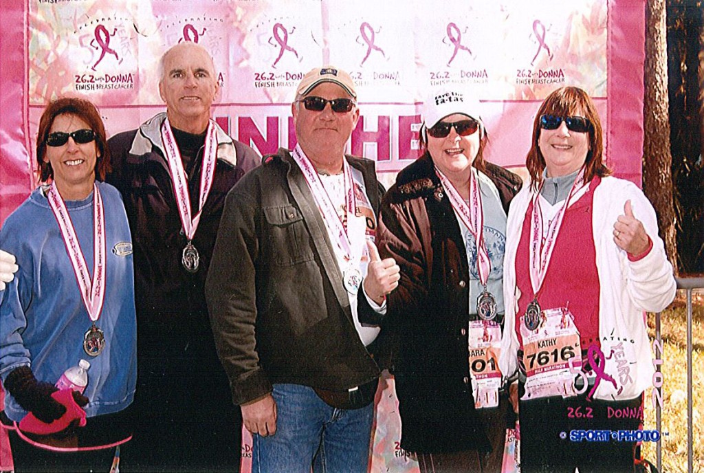 After 2012 half-marathon (from left to right) Carol Roberts (neighbor), Tom Donovan (brother), Mike Swanick (brother-in-law), Barbra Donavon-Swanick (sister), Kathy Kennelly