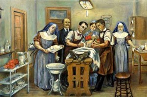 Art depicts Edith Graham Mayo providing anesthesia support for the Mayo brothers. 