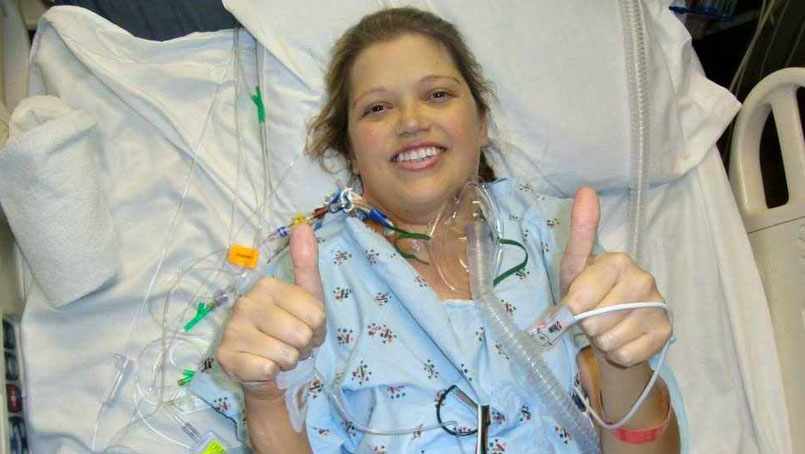 Courtney Kidd in her hospital room after transplant surgery. 