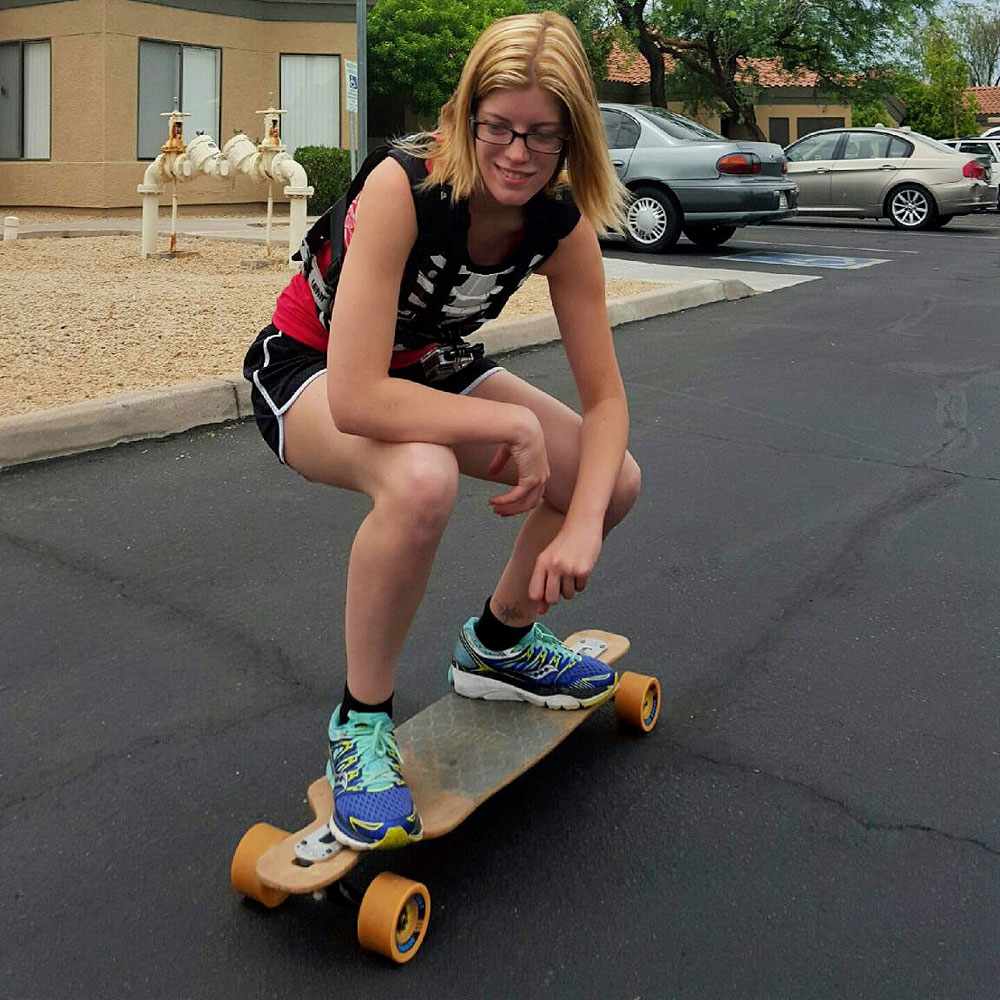 Rebecca Uhl back in action on her skateboard. 